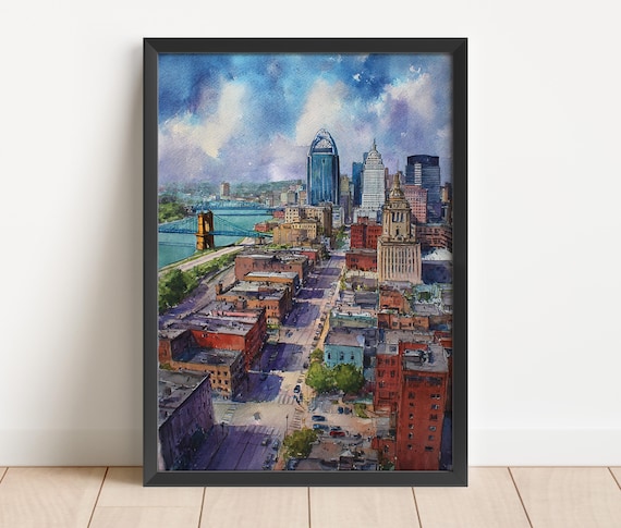 Cincinnati Watercolor Art Oh Travel Print Ohio Artwork Skyline Decor Wall