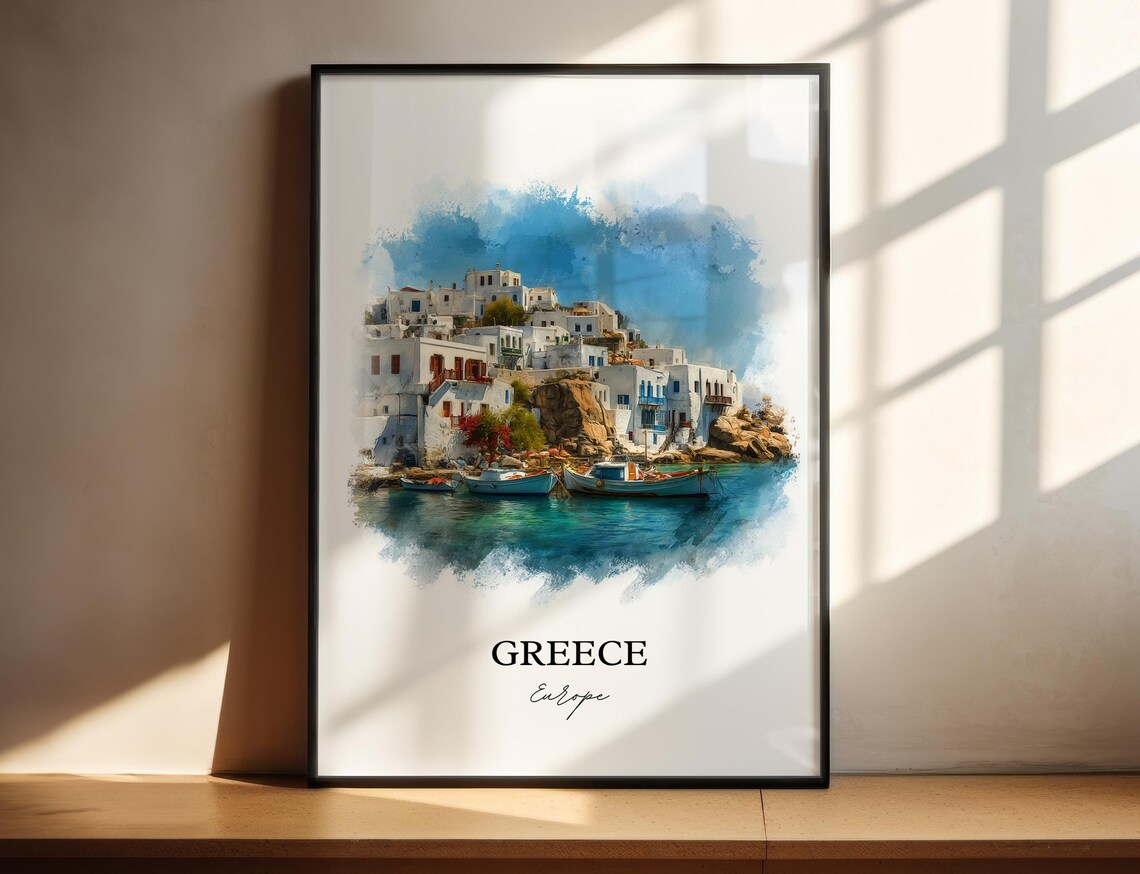 Greece Whitewashed Island Village Watercolor Fishing Boats Poster