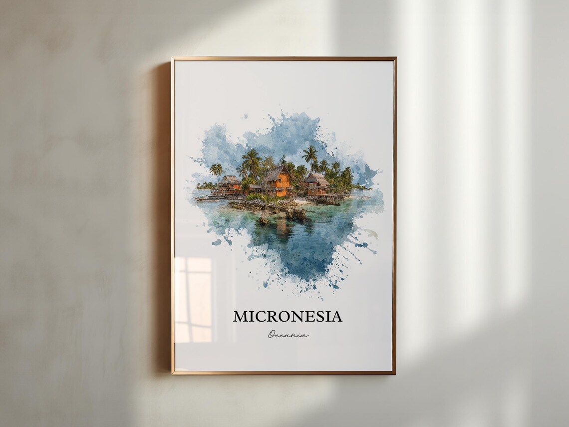 Micronesia Oceania Stilt Huts Palm Lagoon Watercolor Travel Poster - Image 6