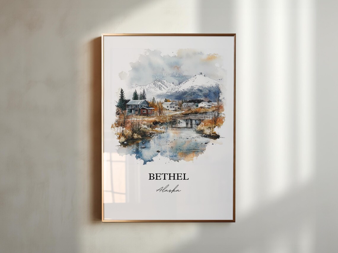 Bethel Alaska Riverside Village Snowy Mountains Watercolor Poster - Image 2