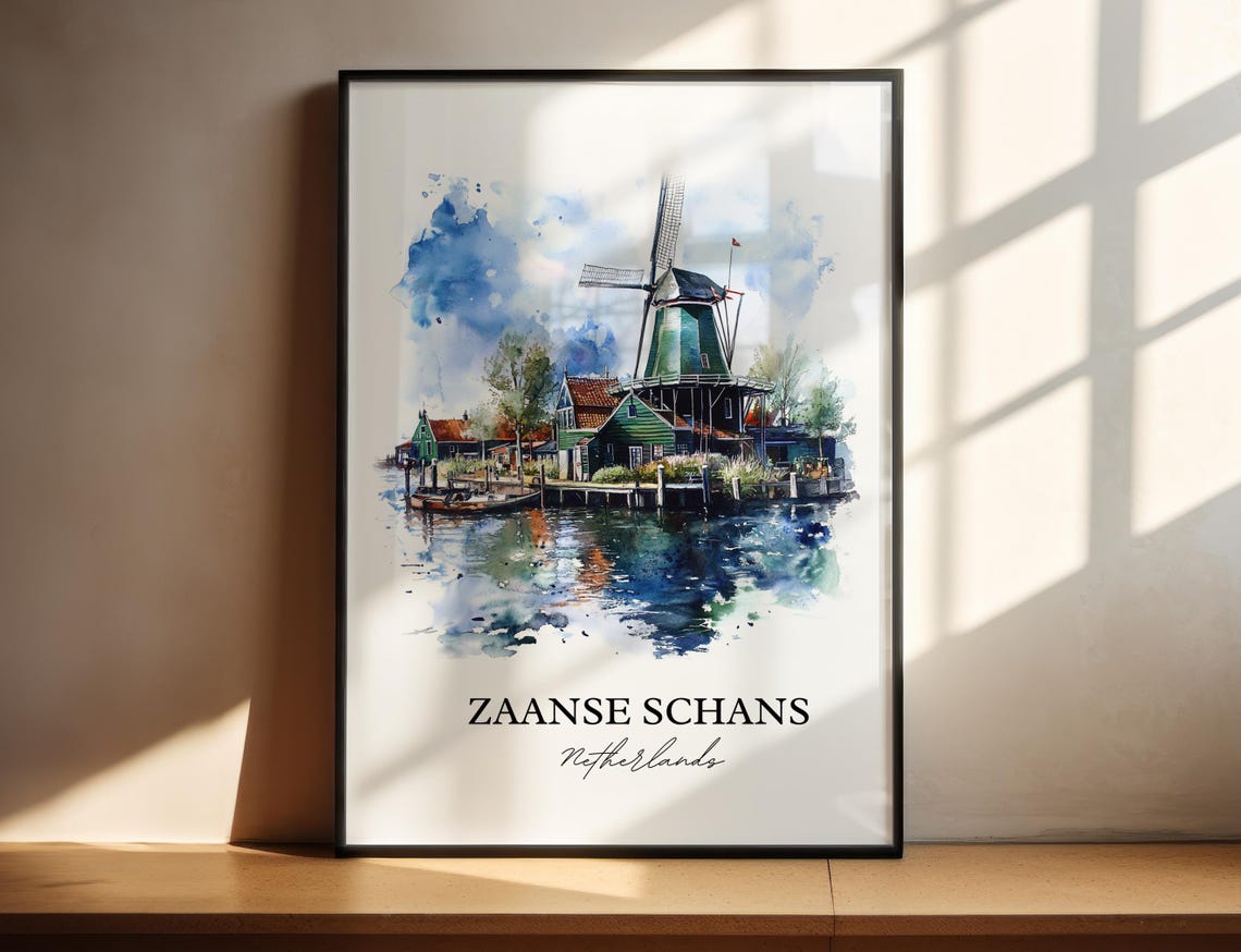 Zaanse Schans Netherlands Watercolor Windmill Canal Scene Poster