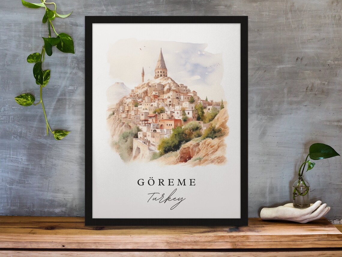 Goreme Cappadocia Turkey Watercolor Hilltop Old Town Art Poster - Image 2