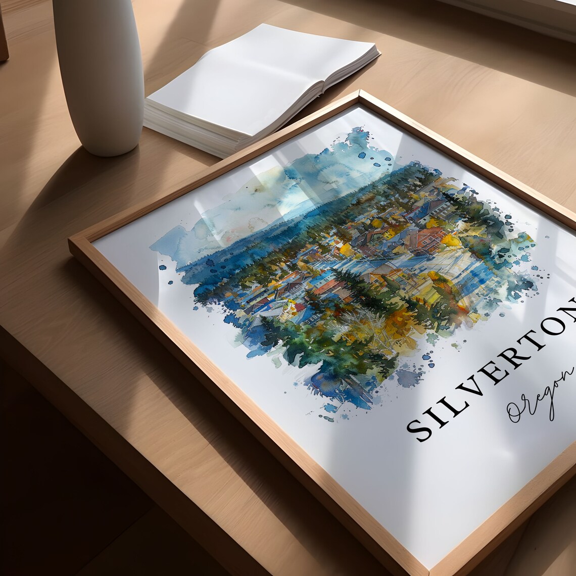 Silverton Oregon Small Town Evergreen Hills Watercolor Poster - Image 5
