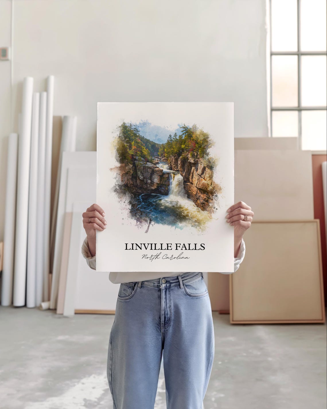 Linville Falls North Carolina Rocky Gorge Cascade Watercolor Poster - Image 5
