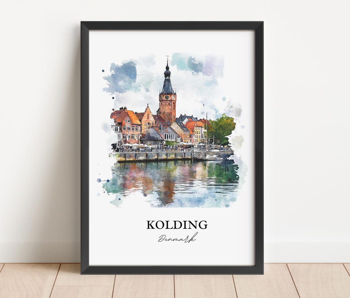 Kolding Denmark Waterfront Church Tower Reflection Watercolor Poster - Image 2