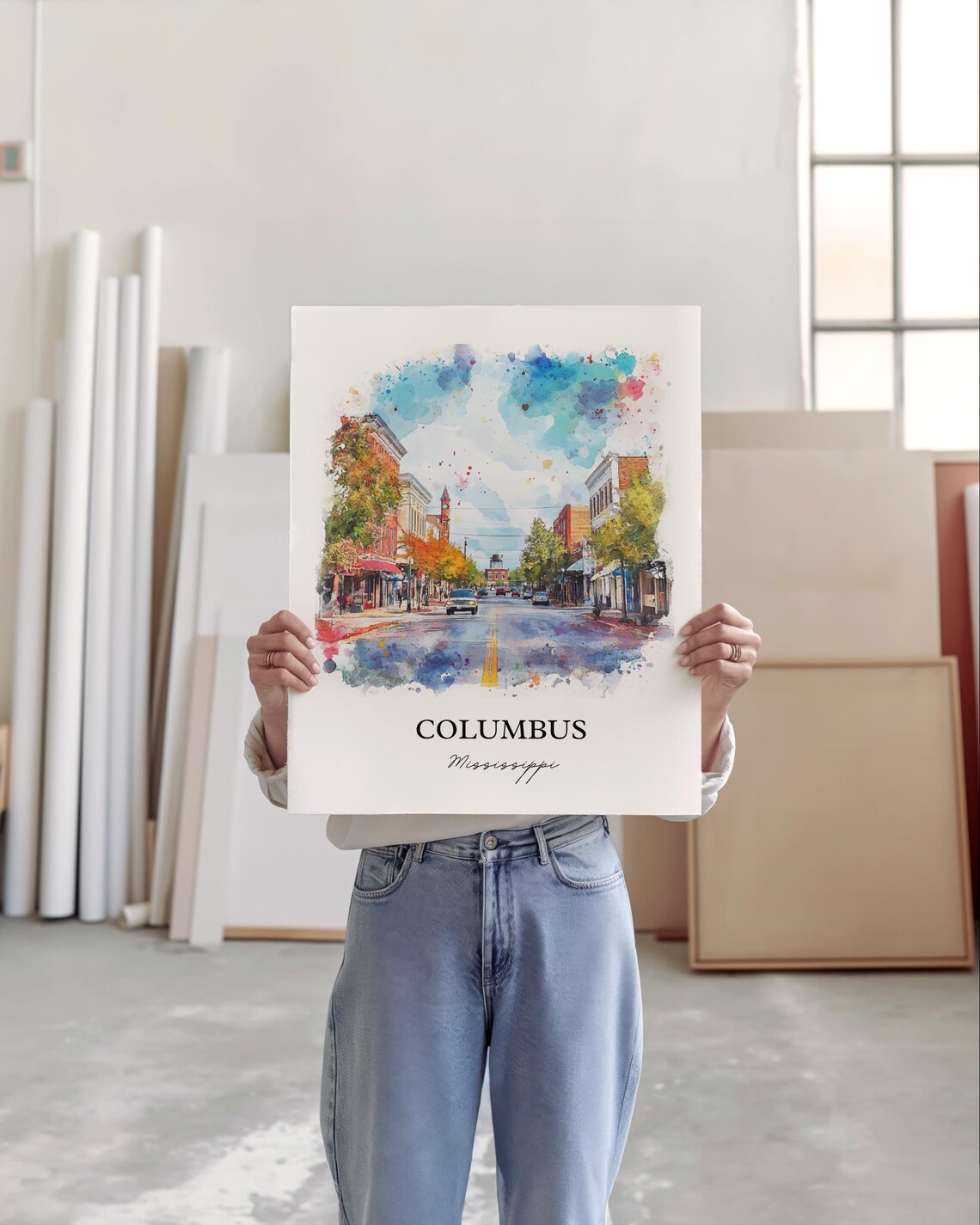 Columbus Mississippi Colorful Downtown Street Watercolor Poster - Image 5
