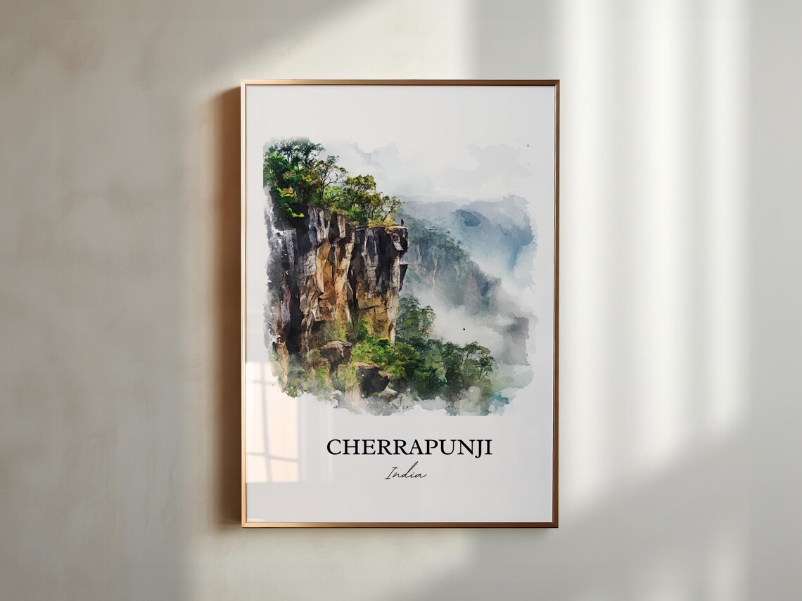 Cherrapunji India Watercolor Misty Cliffs Mountain Gorge Poster - Image 6