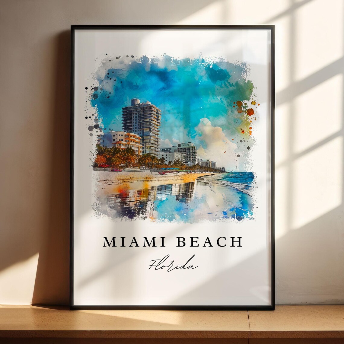 Miami Beach Florida Oceanfront Towers Palm Watercolor Travel Poster