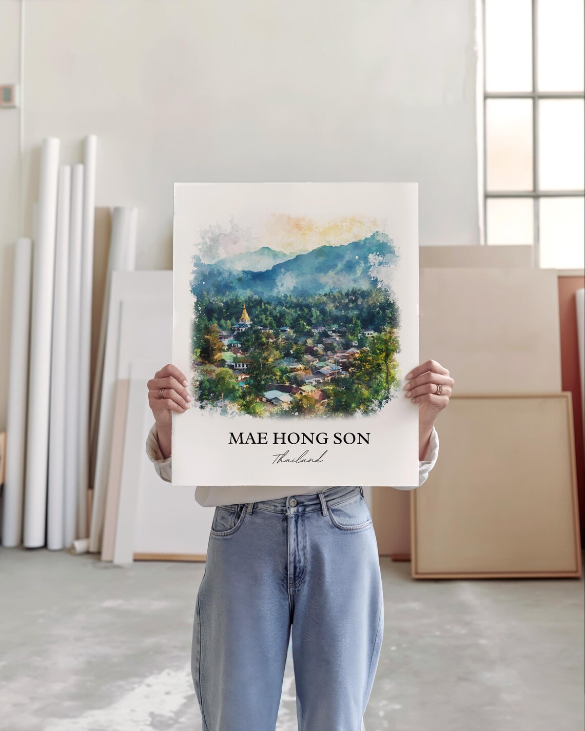 Mae Hong Son Thailand Watercolor Mountain Town Temple Art Poster - Image 5