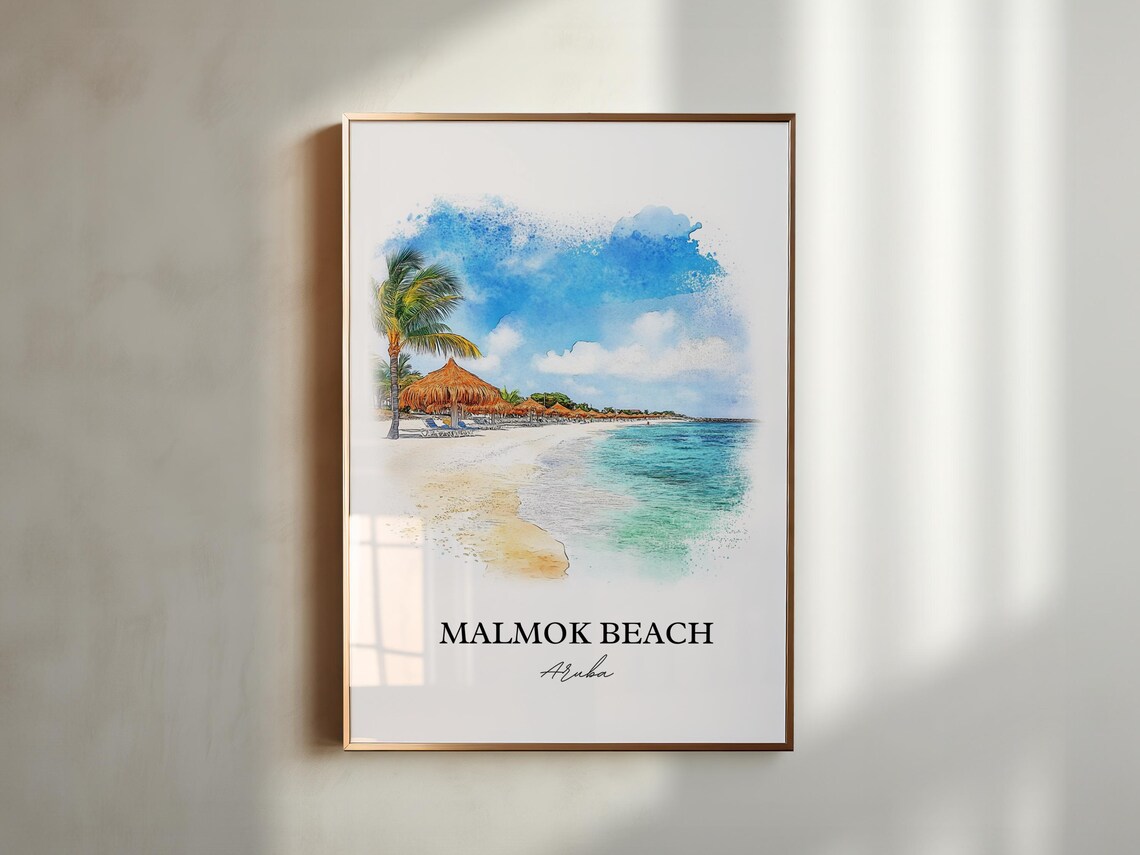 Malmok Beach Aruba Watercolor Palapa Shore Palm Trees Poster - Image 4