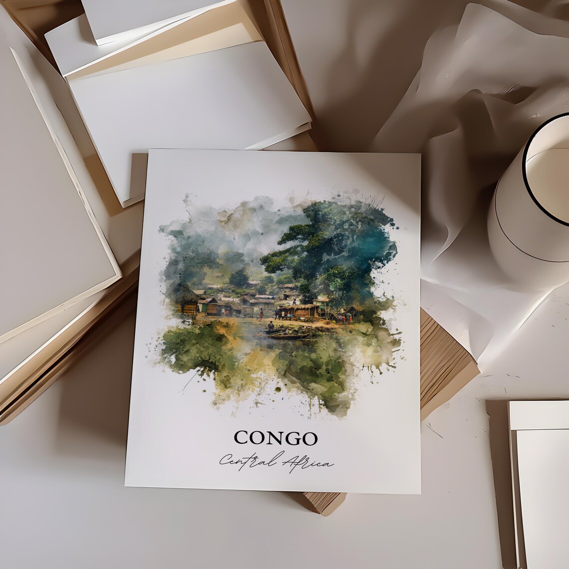 Congo Central Africa Riverside Village Watercolor Travel Poster - Image 3