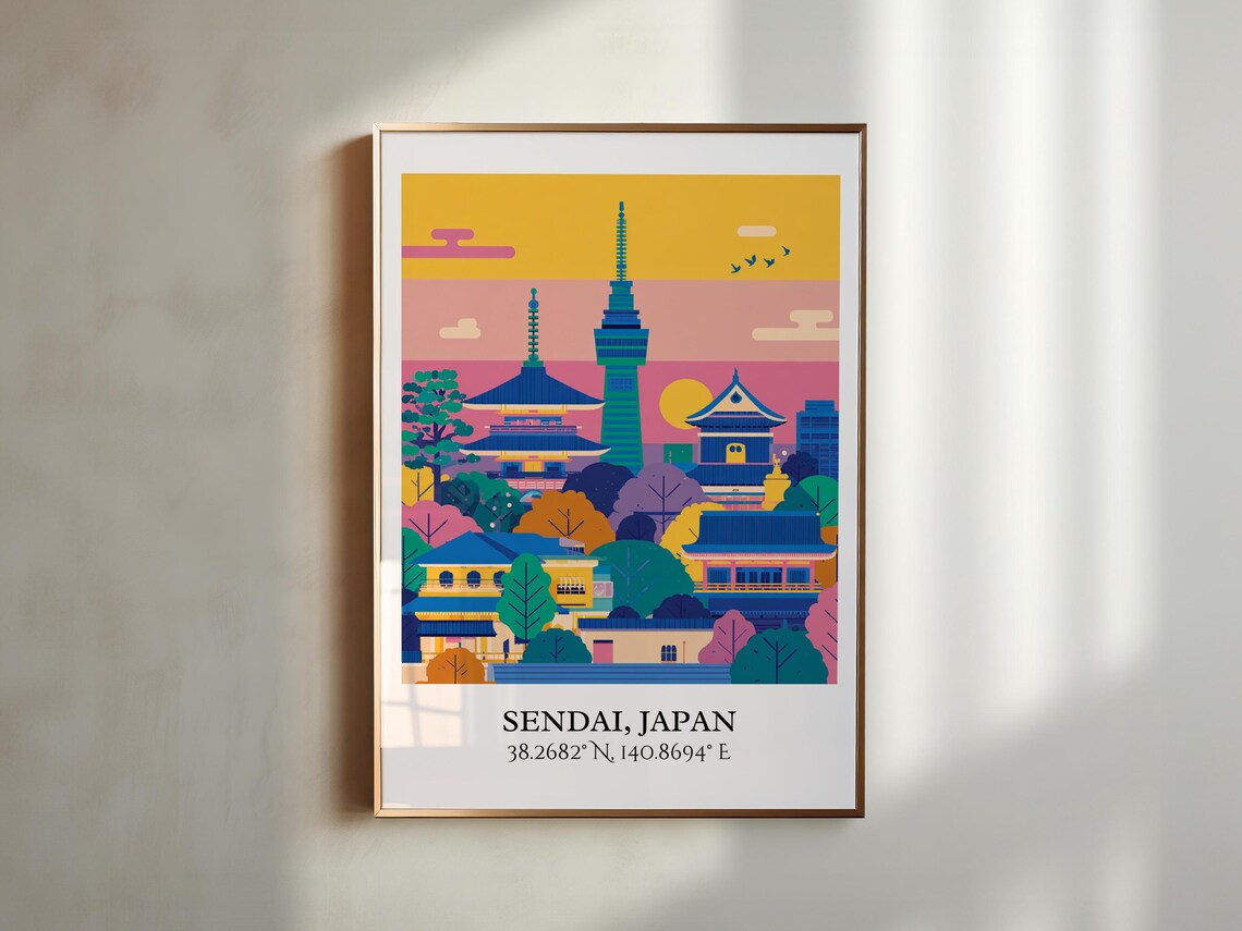 Sendai Japan Temple Pagoda Tower Golden Sunset Retro Travel Poster - Image 4