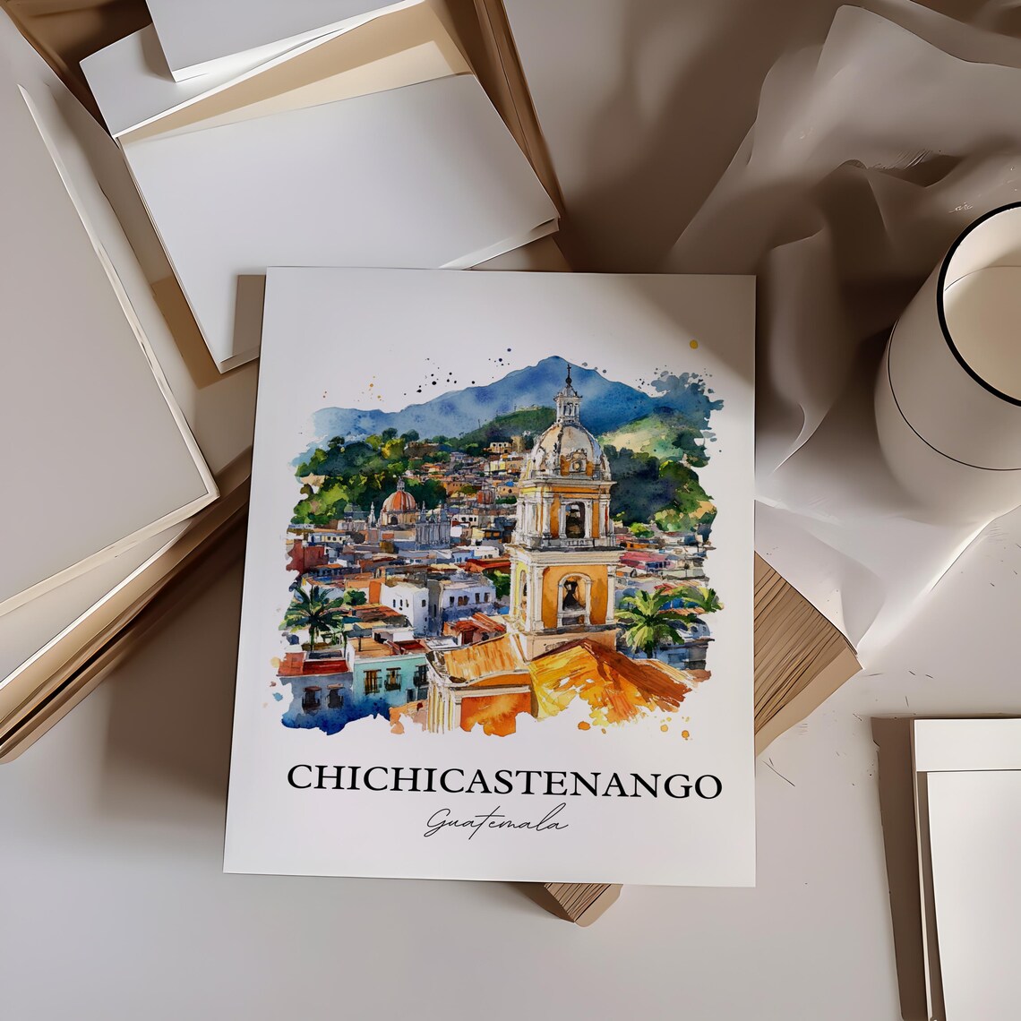 Chichicastenango Guatemala Church Tower Watercolor Scenic Poster - Image 4