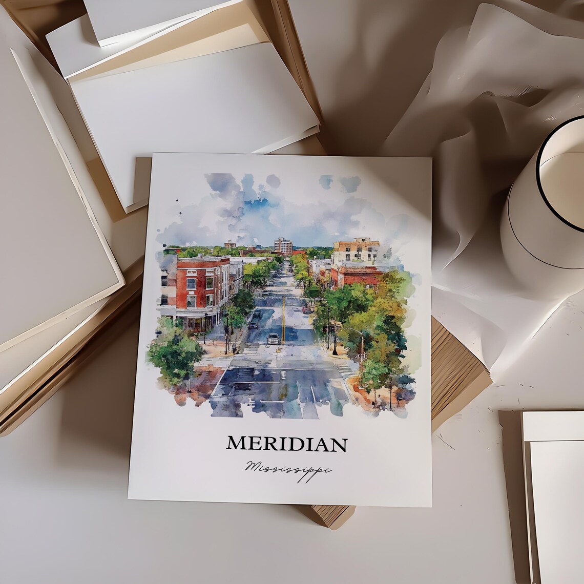 Meridian Mississippi Brick Downtown Watercolor City Travel Poster - Image 5