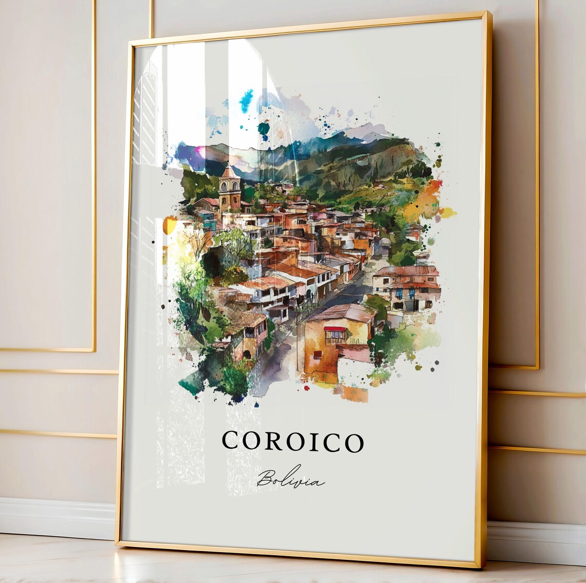 Coroico Bolivia Watercolor Hillside Town Church Scene Poster - Image 3