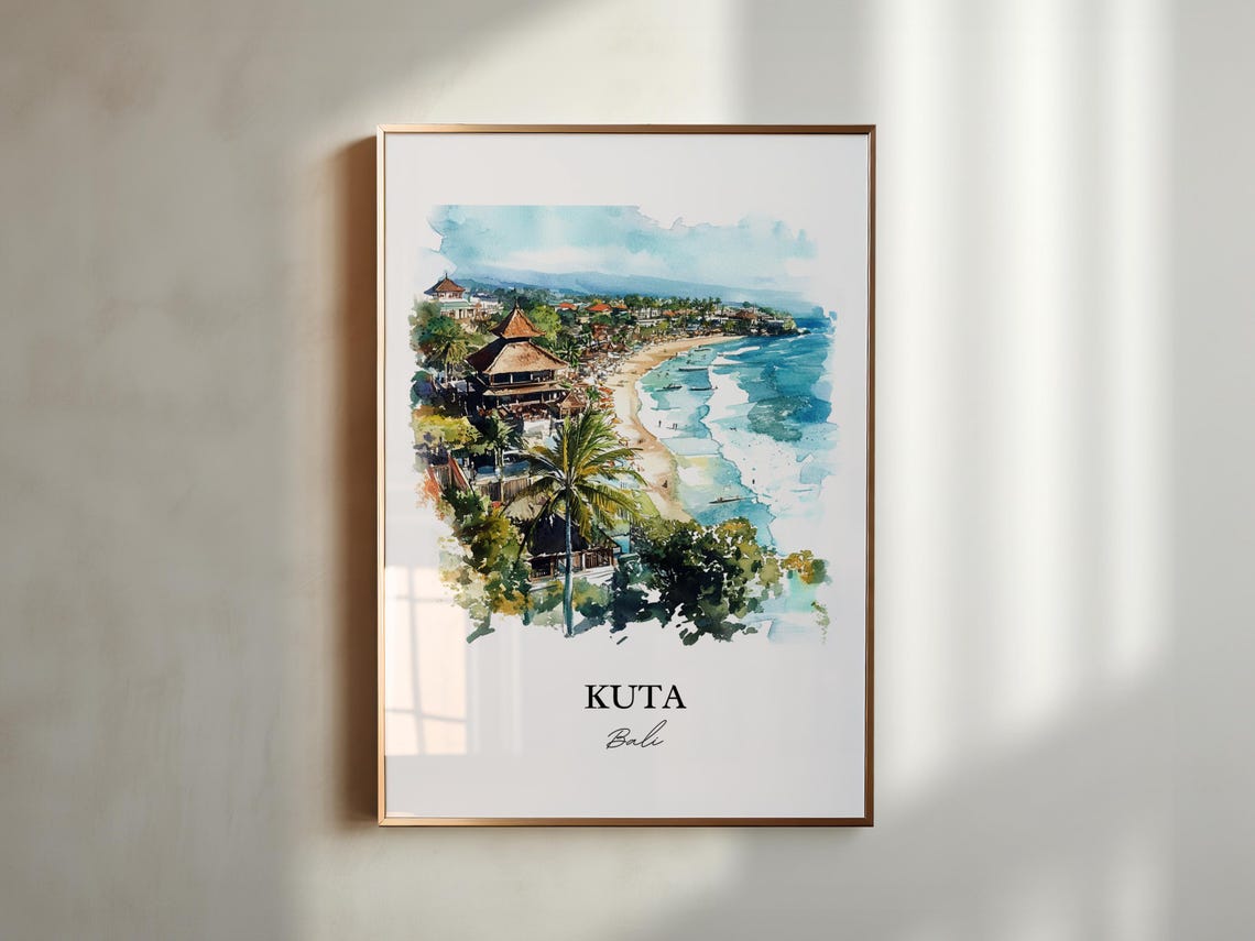 Kuta Bali Watercolor Beach Waves Surf Temple Aerial View Poster - Image 6