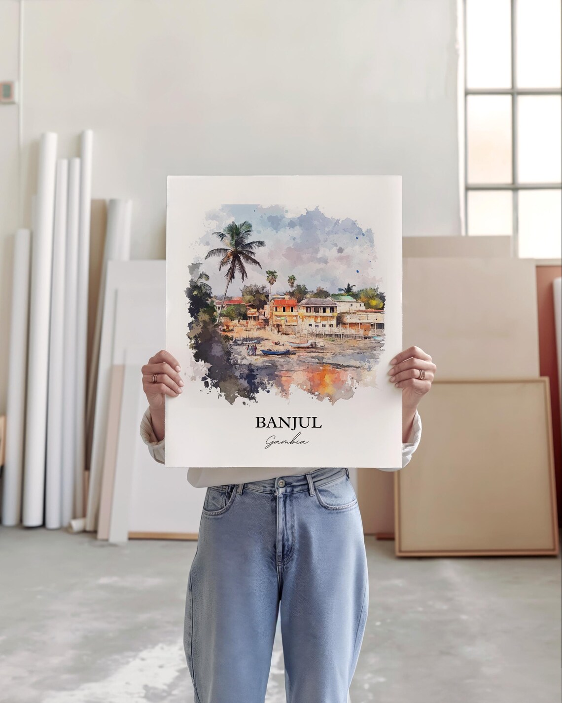 Banjul Gambia Fishing Boats Palm Beach Watercolor Travel Poster - Image 5
