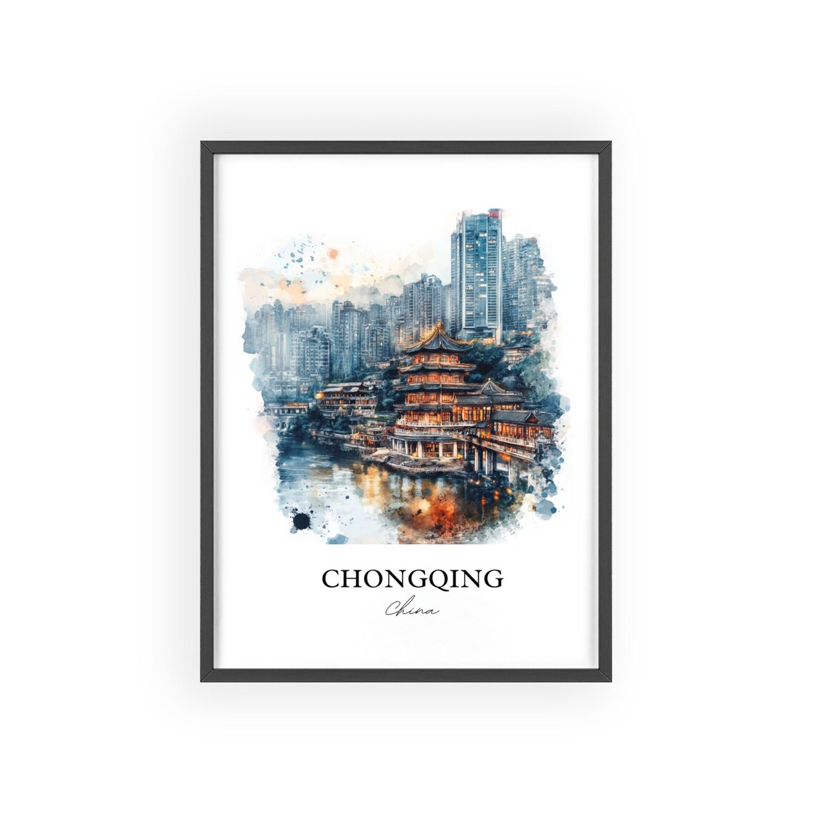 Chongqing China Watercolor Riverside Temple City Skyline Poster - Image 2
