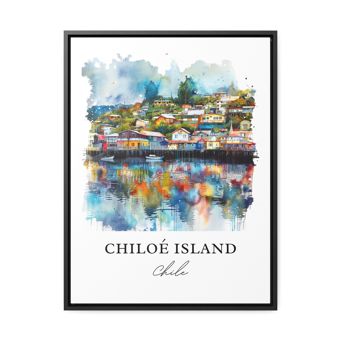 Chiloe Island Chile Colorful Palafitos Watercolor Travel Poster - Image 3