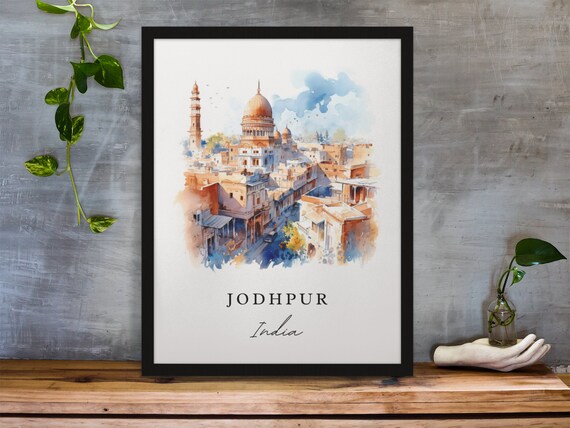 Jodhpur India Watercolor Art Blue City Dome Palace Street Poster