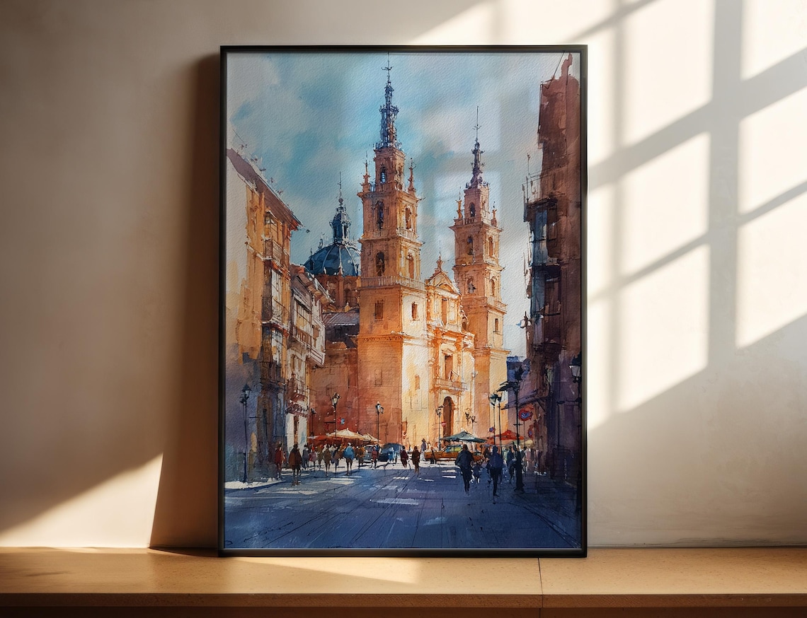 Zaragoza Spain Historic Church Watercolor Street Scene Poster