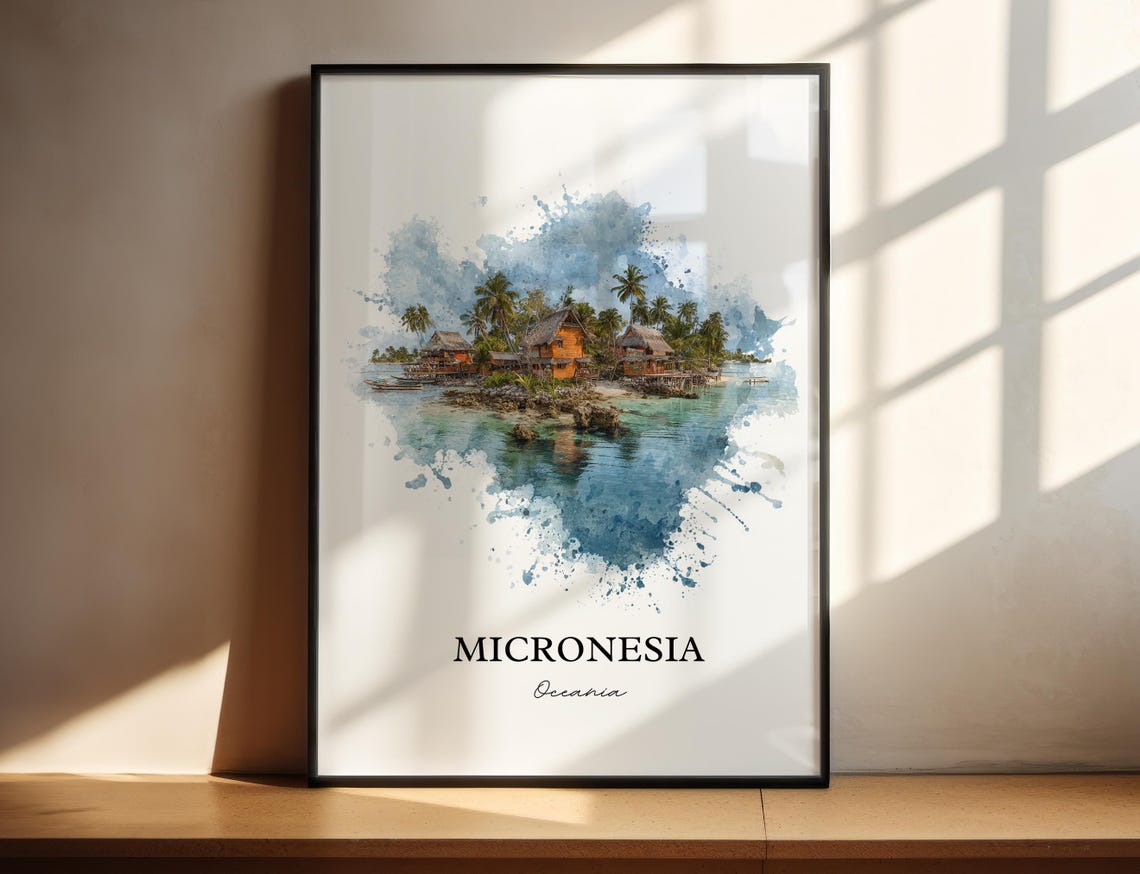 Micronesia Oceania Stilt Huts Palm Lagoon Watercolor Travel Poster