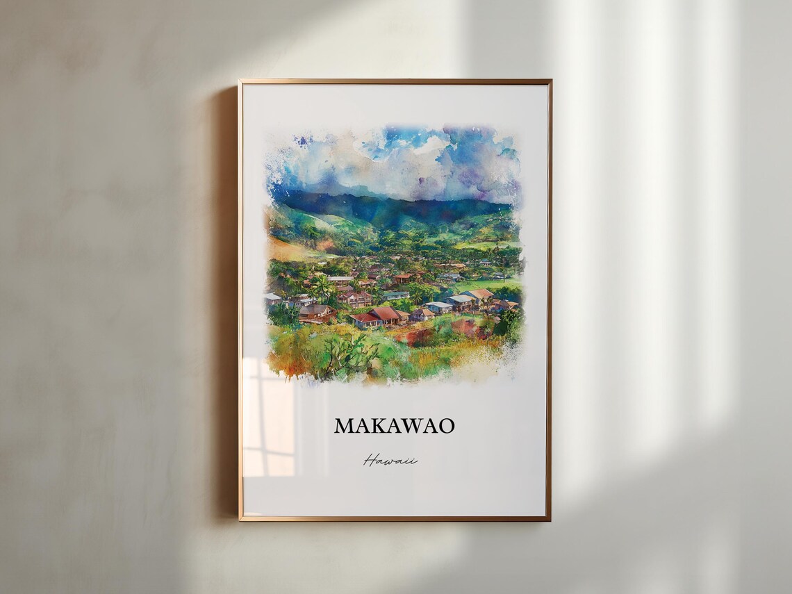 Makawao Hawaii Upcountry Maui Town Mountains Watercolor Poster - Image 3