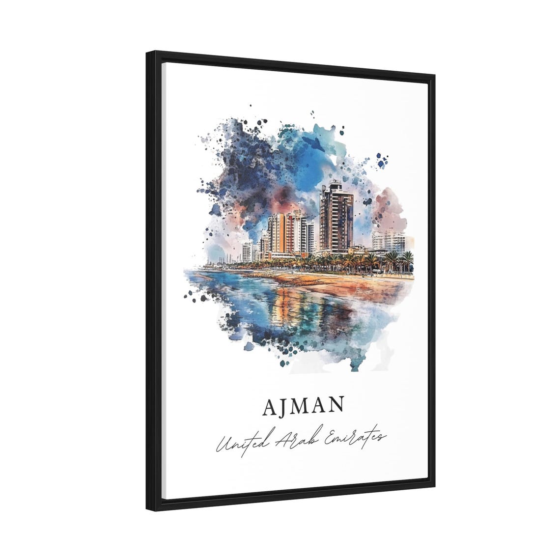 Ajman UAE Watercolor Beachfront Towers Splash Coast City Poster - Image 2