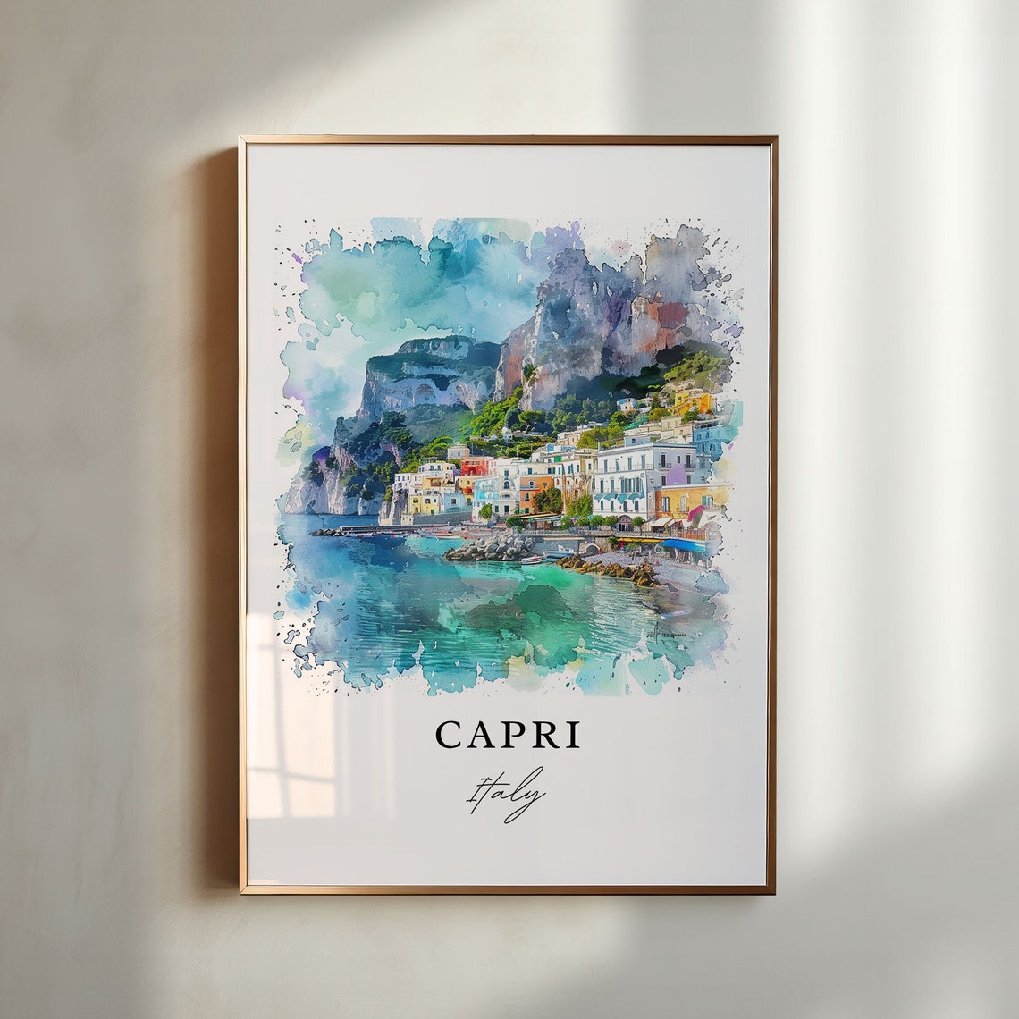 Capri Italy Island Harbor Rocky Cliffs Watercolor Travel Poster