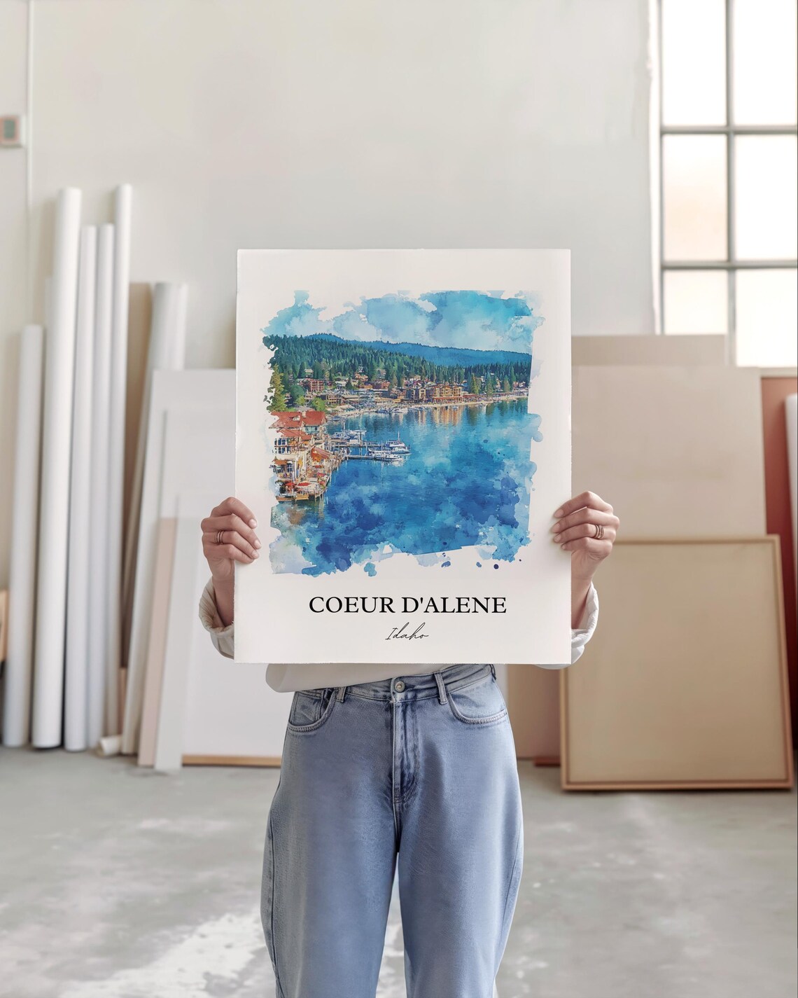 Coeur d'Alene Idaho Lakefront Harbor Watercolor Travel Poster - Image 4