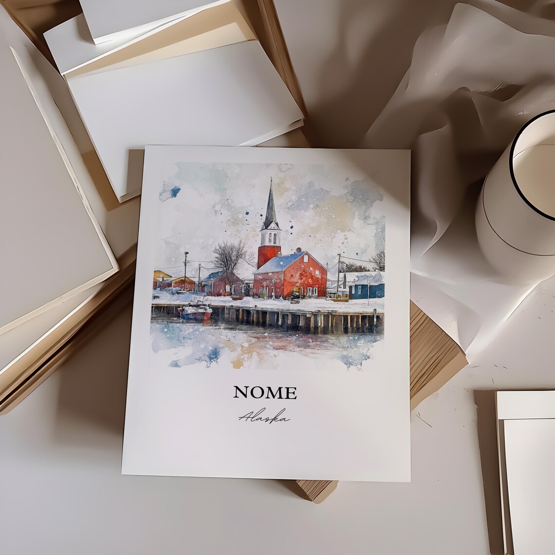 Nome Alaska Winter Harbor Red Church Snow Scene Watercolor Poster - Image 4