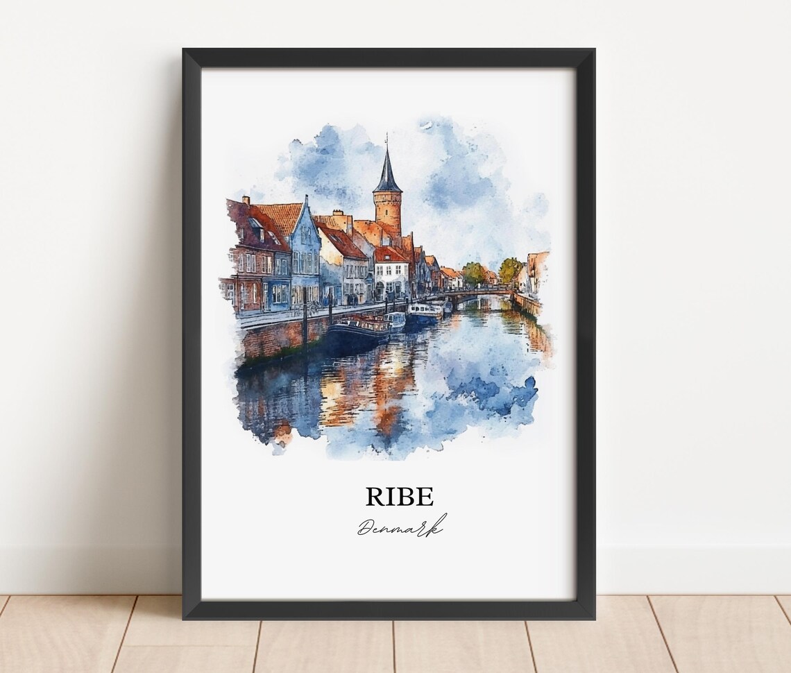Ribe Denmark Old Town Canal and Church Tower Watercolor Poster - Image 3