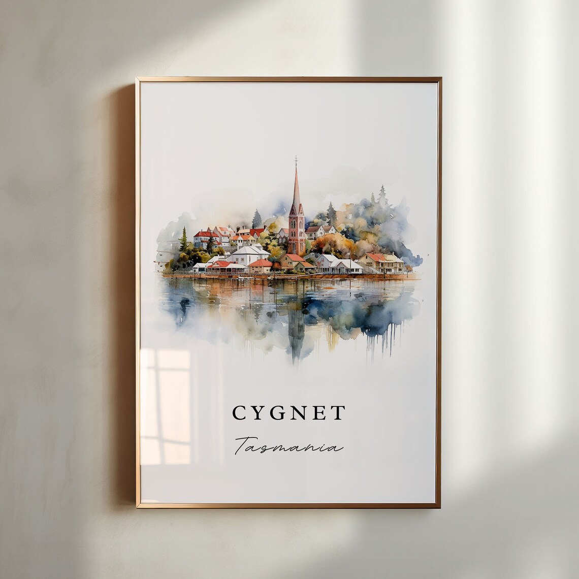 Cygnet Tasmania Harbor Town Church Spire Watercolor Travel Print