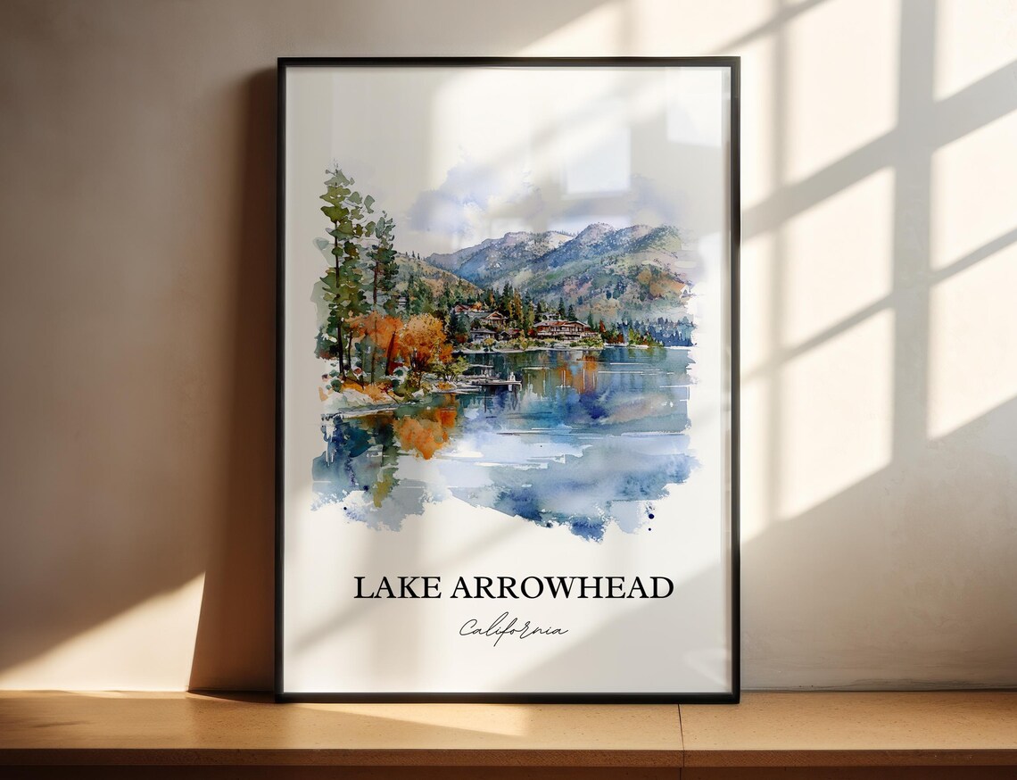 Lake Arrowhead California Watercolor Lake Pine Mountain Scene Poster