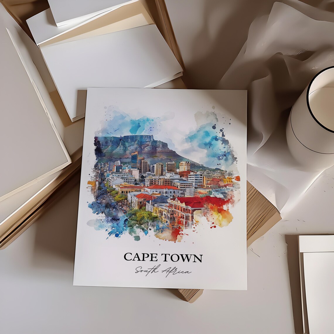 Cape Town South Africa Table Mountain Watercolor City Poster - Image 3