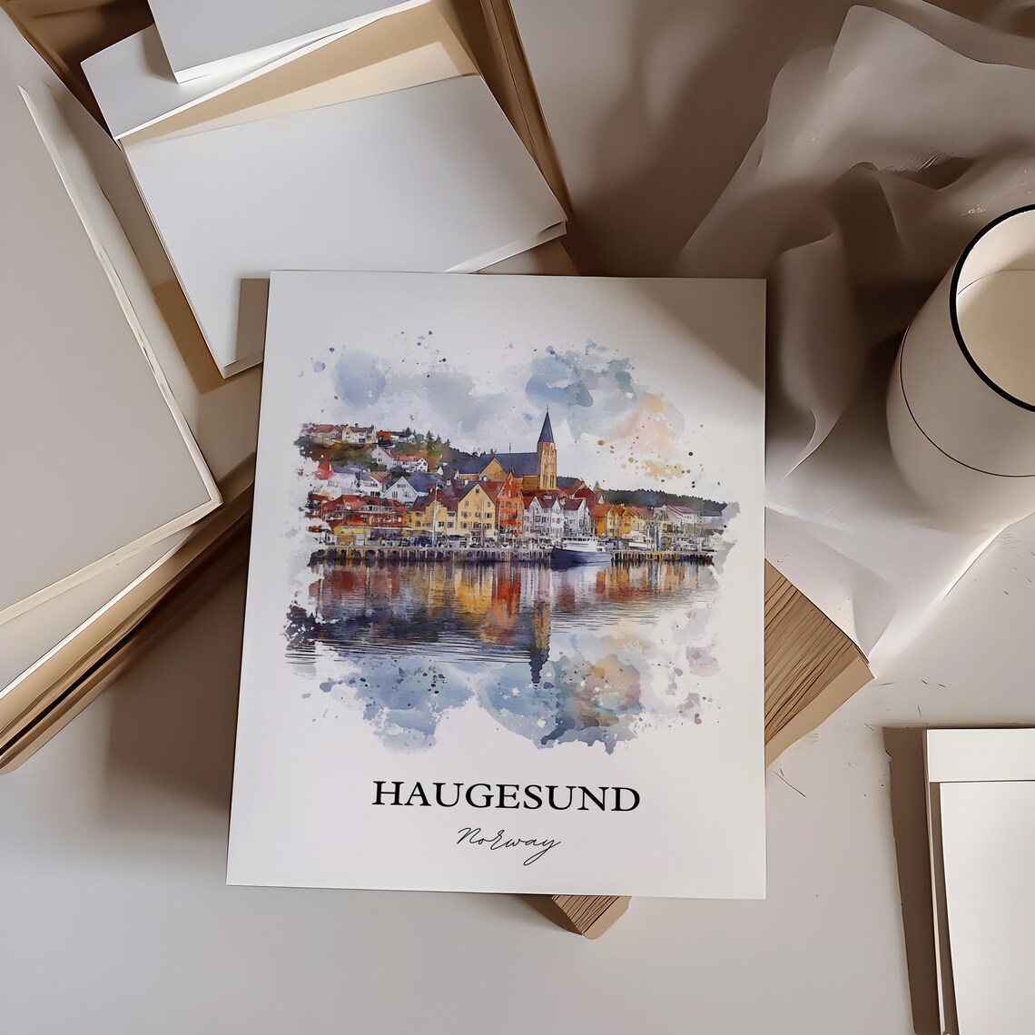 Haugesund Norway Watercolor Harbor Town Church View Travel Poster - Image 4