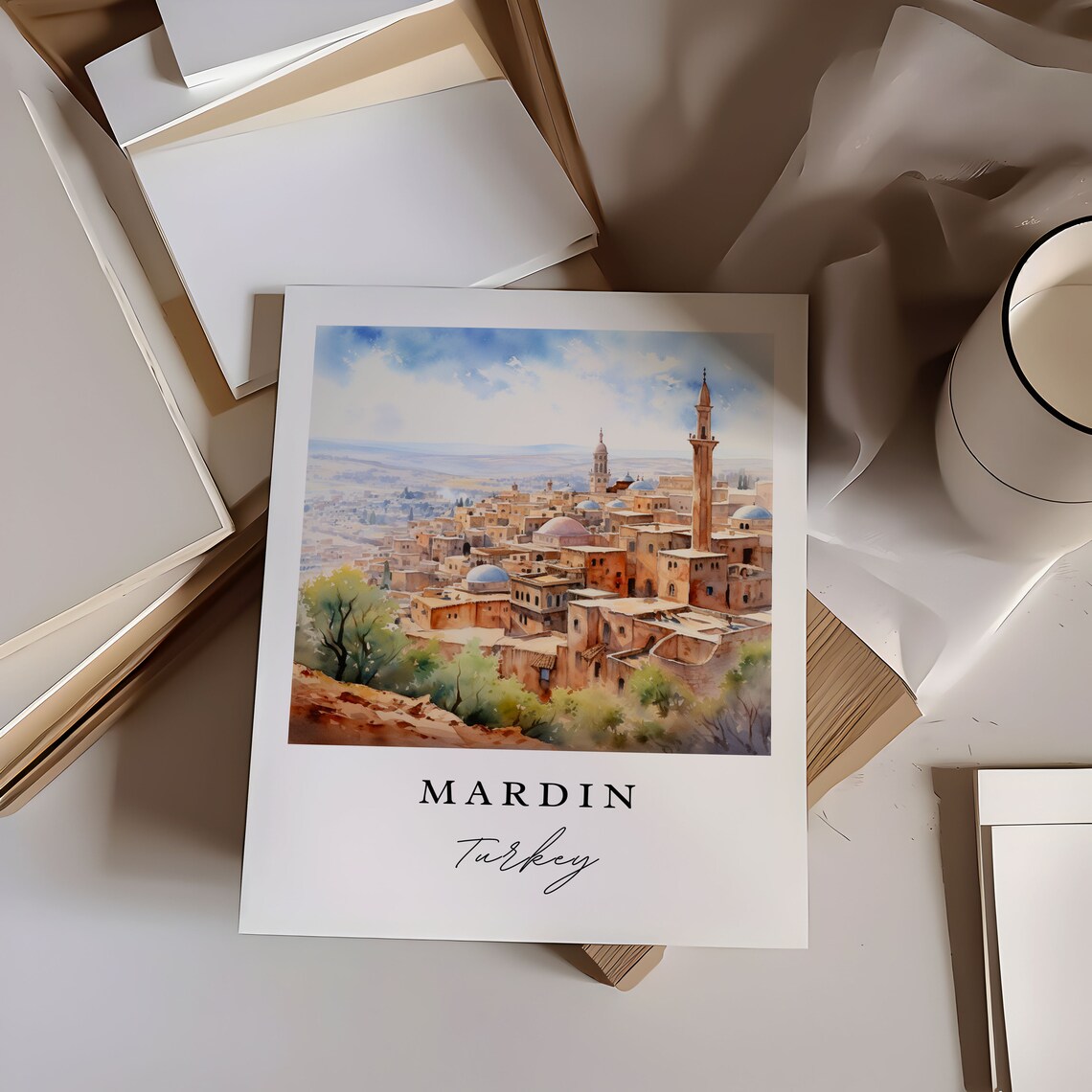 Mardin Turkey Watercolor Hilltop Old City Minarets Panorama Poster - Image 6