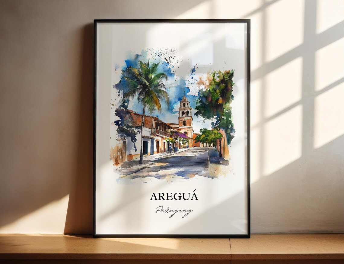 Aregua Paraguay Watercolor Colonial Street Palm Church Tower Poster