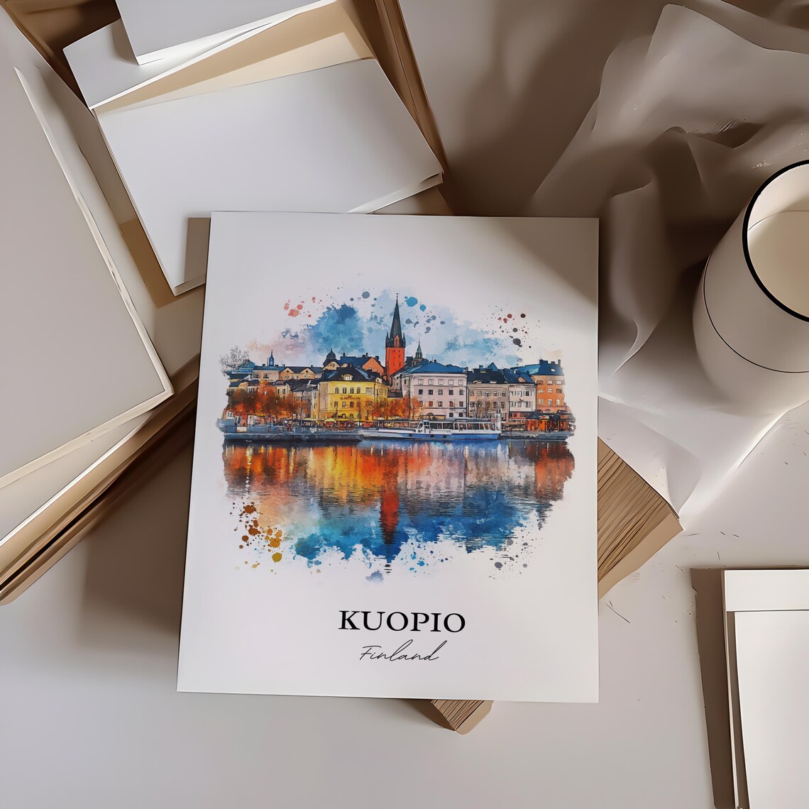 Kuopio Finland Lakefront City Watercolor Skyline Travel Art Wall Print - Image 3