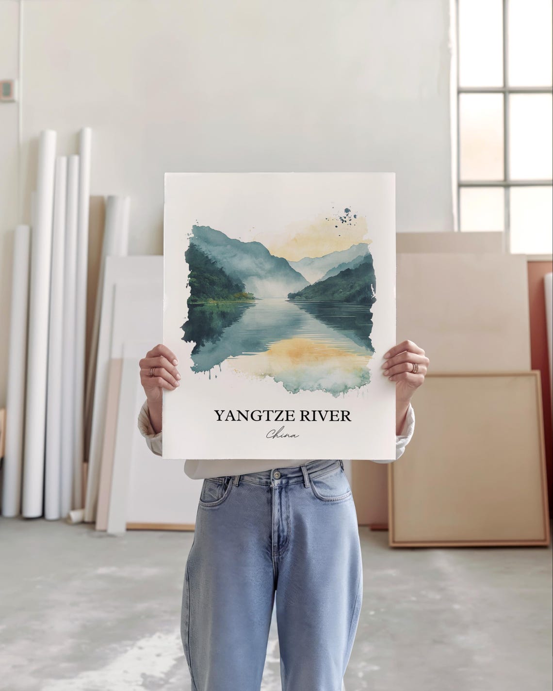 Yangtze River China Watercolor Misty Gorge River Landscape Art Print - Image 3