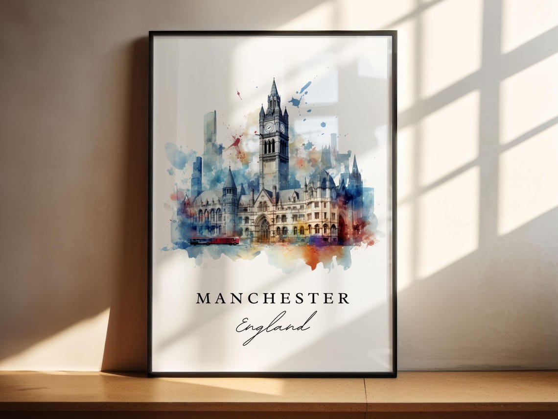 Manchester England Watercolor Travel Poster Print - Image 4