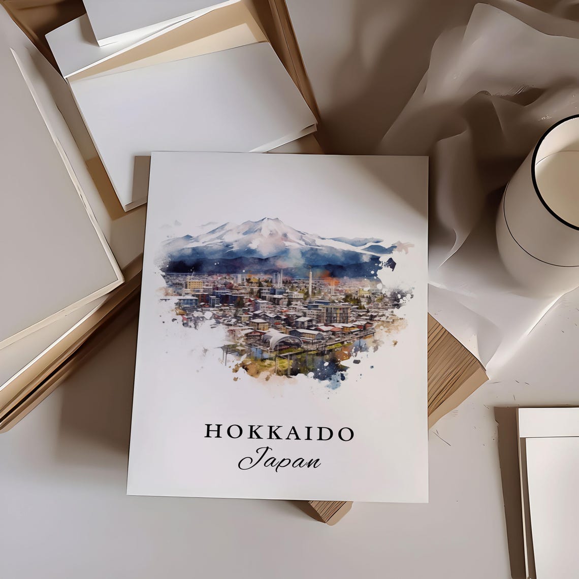Hokkaido Japan Watercolor Snowy Mountain City Winter Art Poster - Image 5