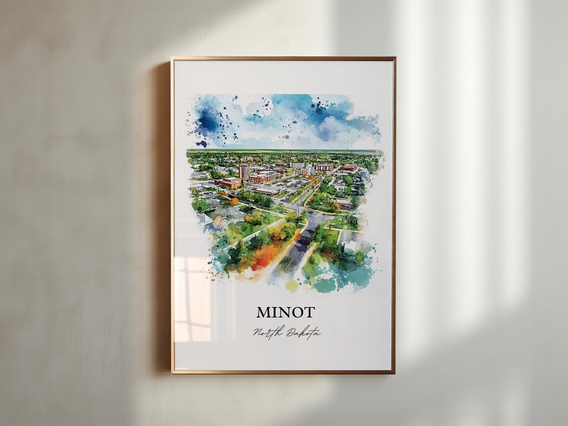 Minot North Dakota Watercolor Downtown Aerial City View Poster - Image 5