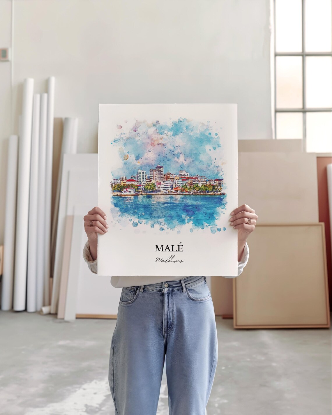 Malé Maldives Watercolor Tropical Island Capital Skyline Sea Poster - Image 4