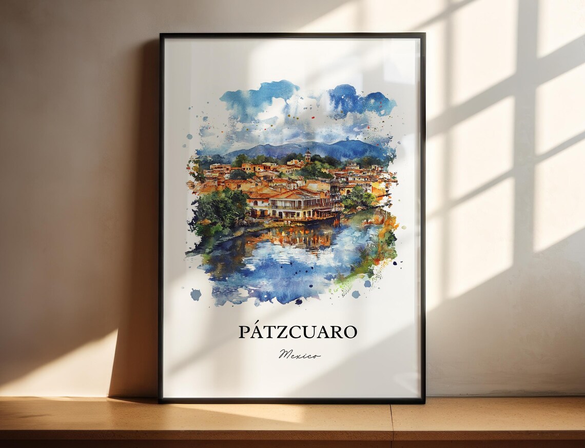 Patzcuaro Mexico Watercolor Lakeside Town Reflection Mountains Poster