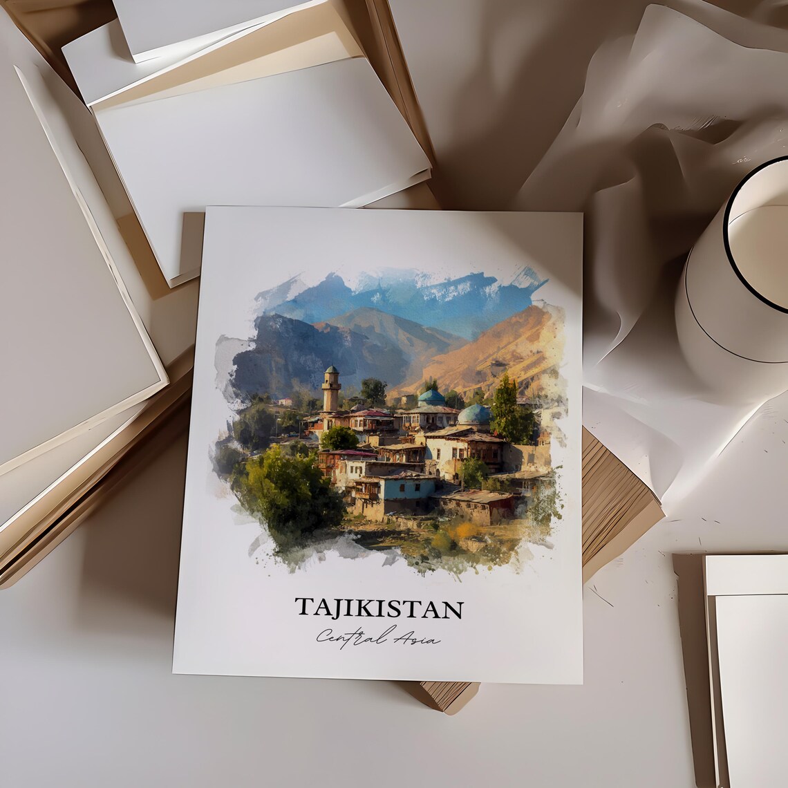 Tajikistan Central Asia Watercolor Art Mountain Village Mosque Poster - Image 2