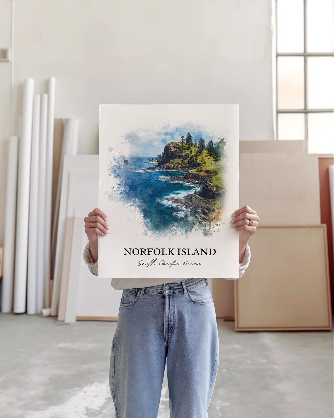 Norfolk Island South Pacific Ocean Cliffs Headland Watercolor Poster - Image 2