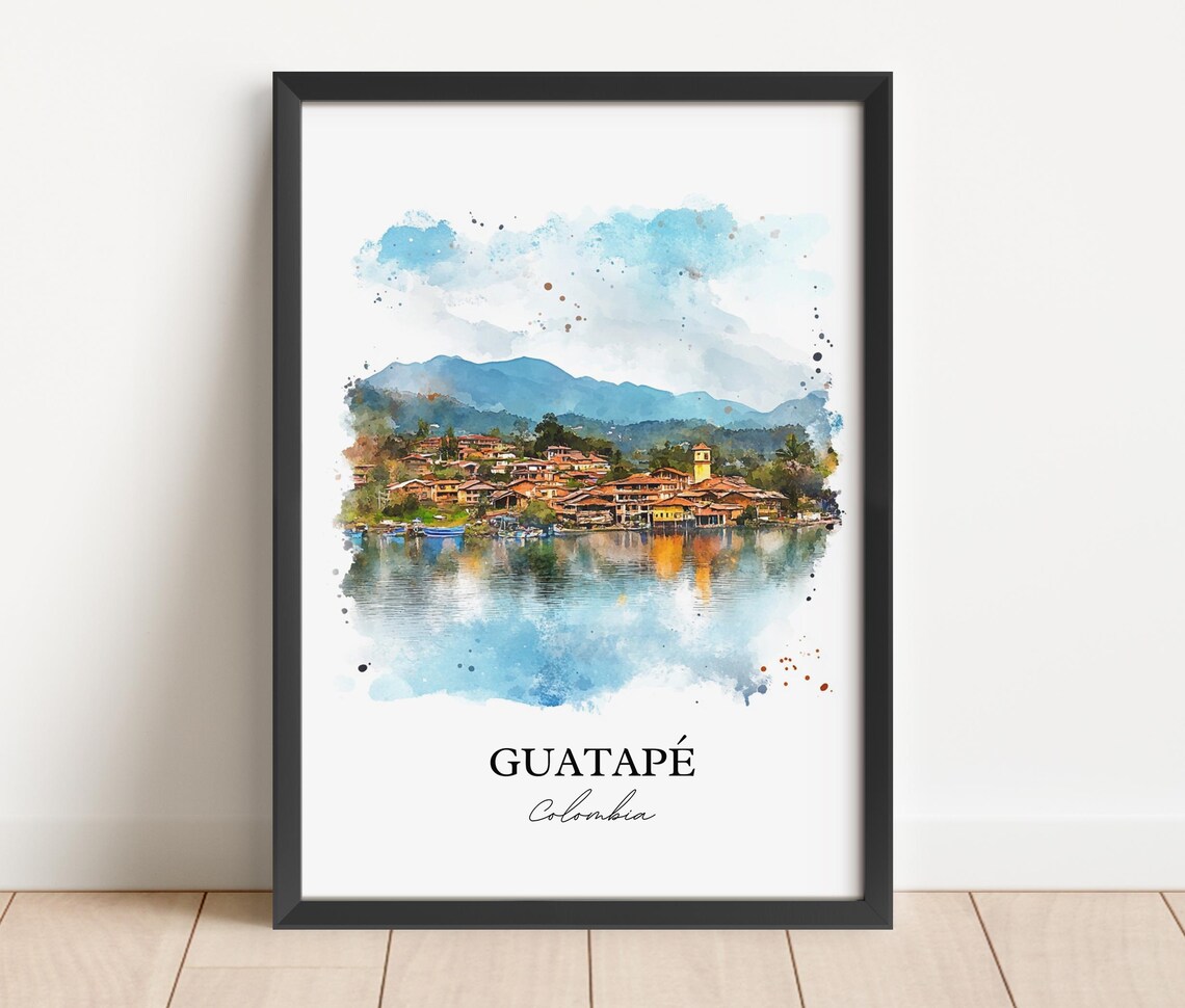 Guatape Colombia Lakeside Town Church Tower Mountain Watercolor Poster - Image 4