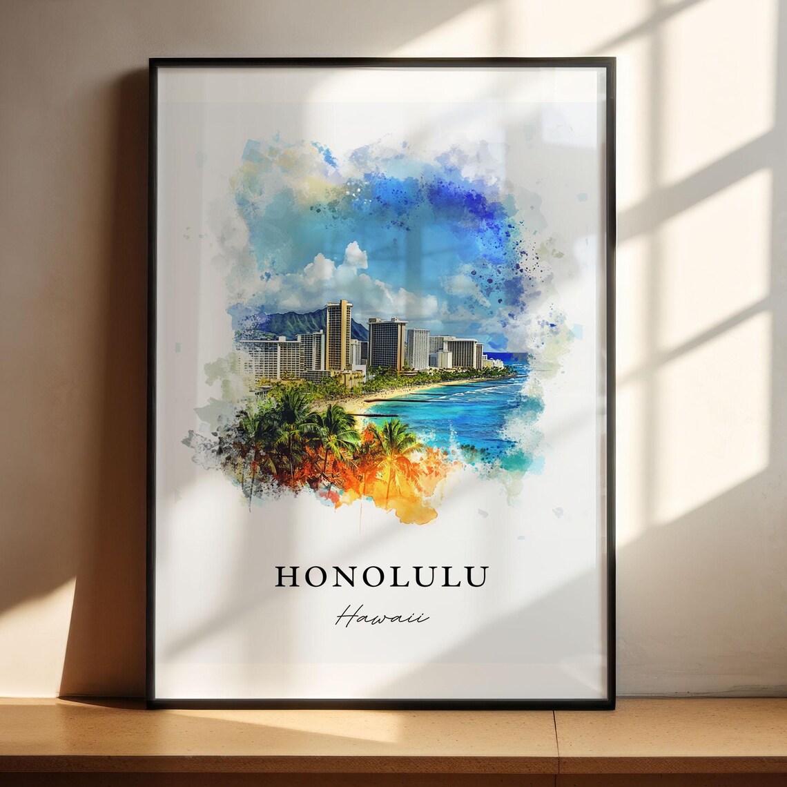 Honolulu Skyline Watercolor Art Print, Hawaii
