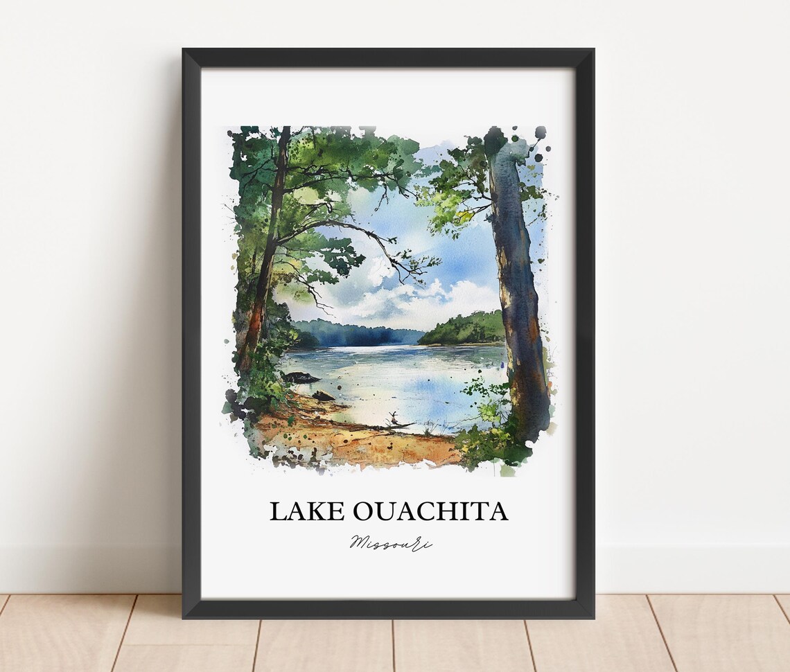 Lake Ouachita Missouri Tall Pine Trees Lakeside Watercolor Poster